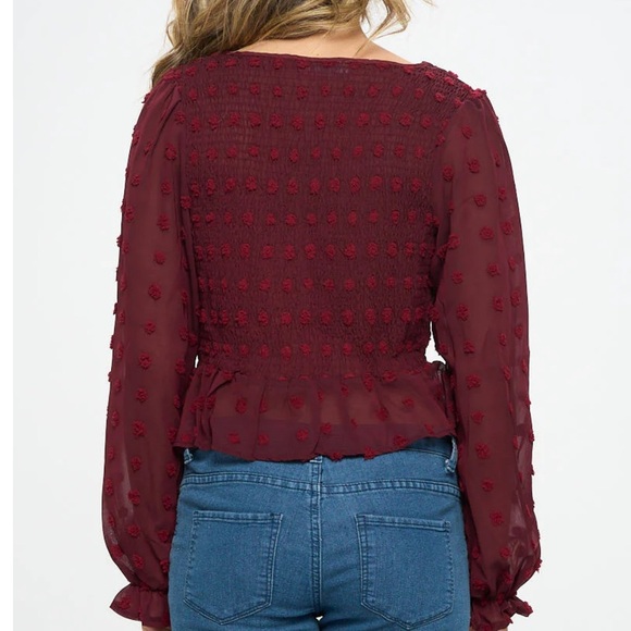 She + Sky Boho Blouse Womens Medium Burgundy Puff Long Sleeve Ruched Swiss Dot - Picture 3 of 8